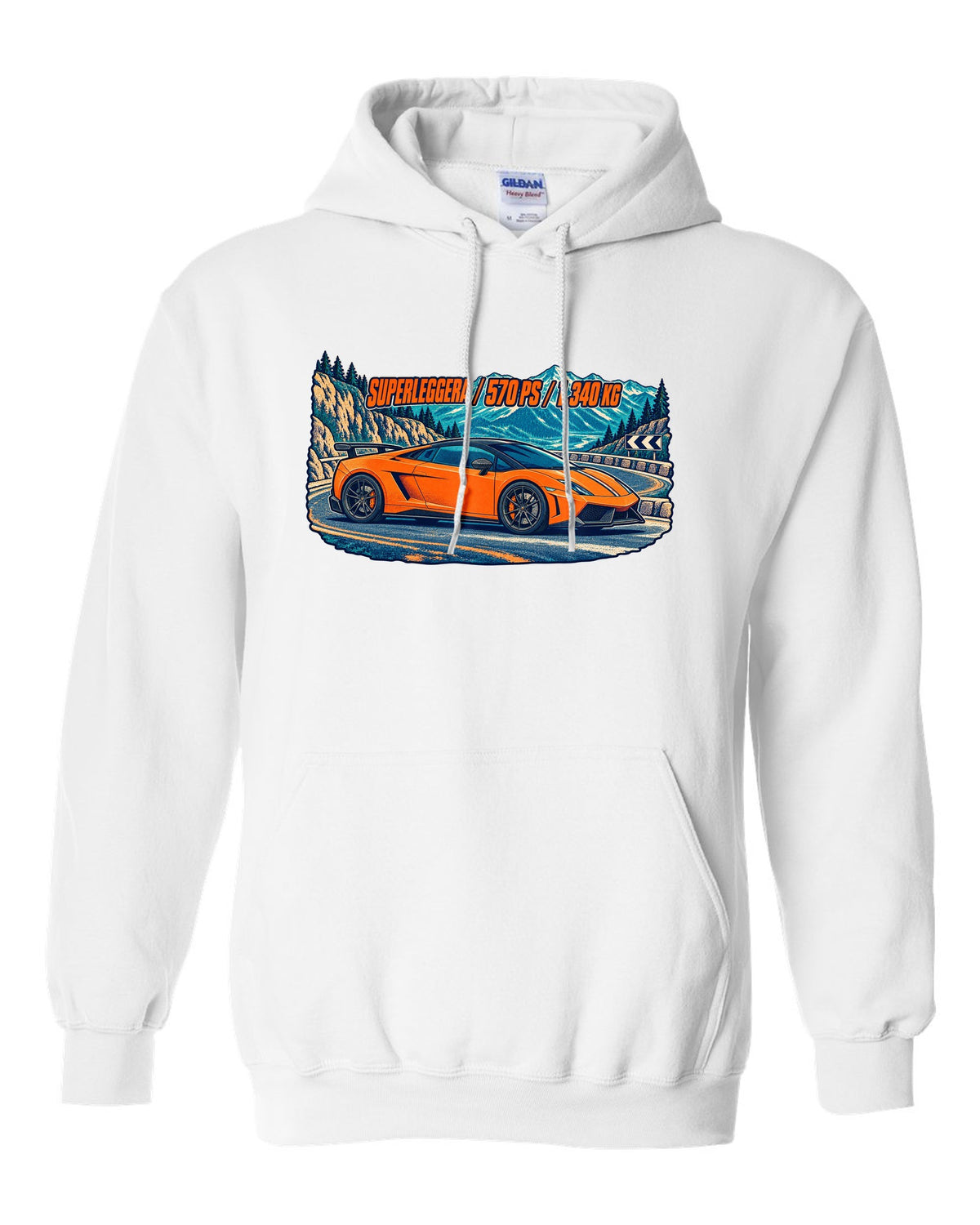 Three-colour risograph design of a Lamborghini Gallardo LP570-4 Superleggera on a mountain pass white pull over hoodie front view with the design