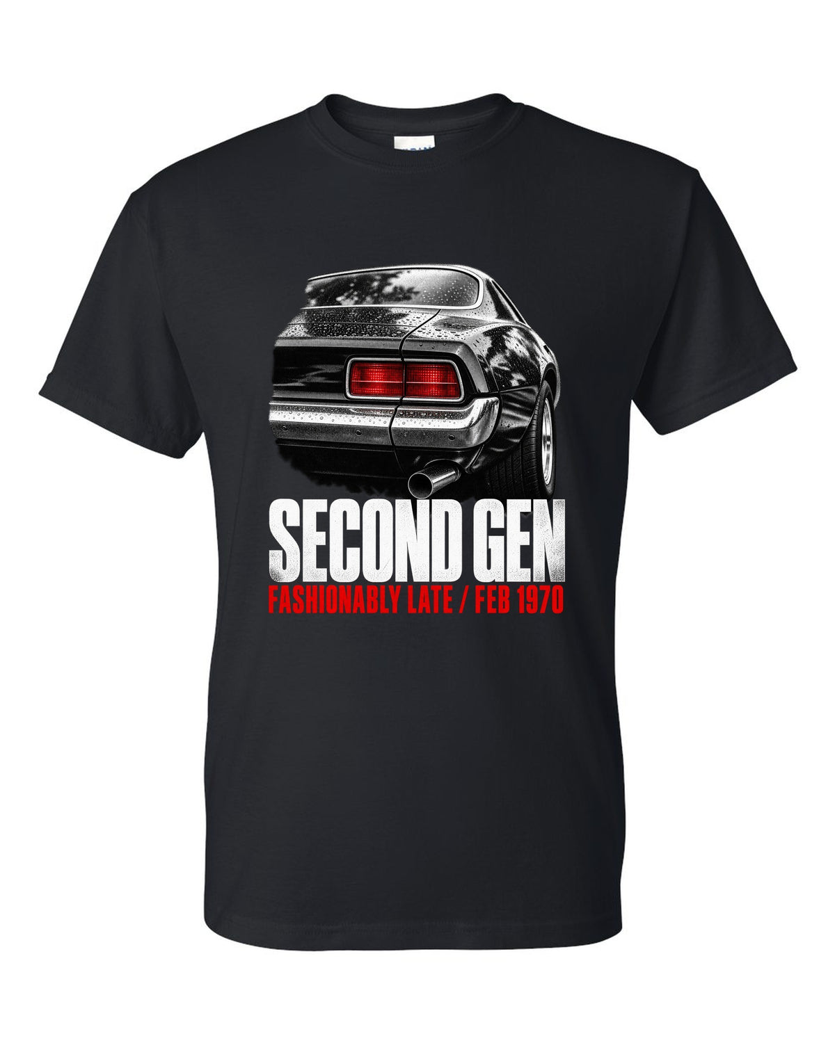 Taillight macro print of a 1970 second-gen Chevrolet Camaro split bumper with Feb 1970 caption black t-shirt front view with the design