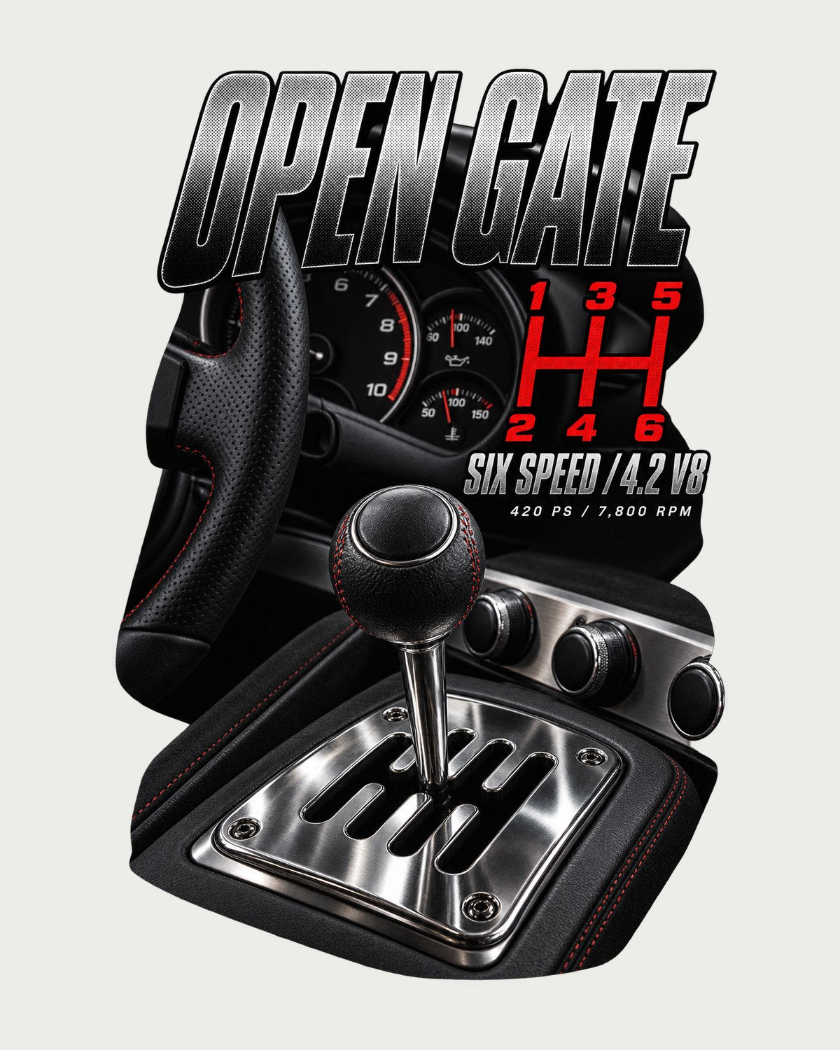 Audi R8 V8 Open Gate Shifter print Tee, Car Guy Gift design only