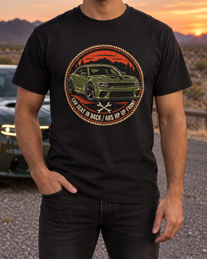 2018 Dodge Charger Scat Pack Four Door Roundel Tee, Family Muscle T-Shirt Black worn hero