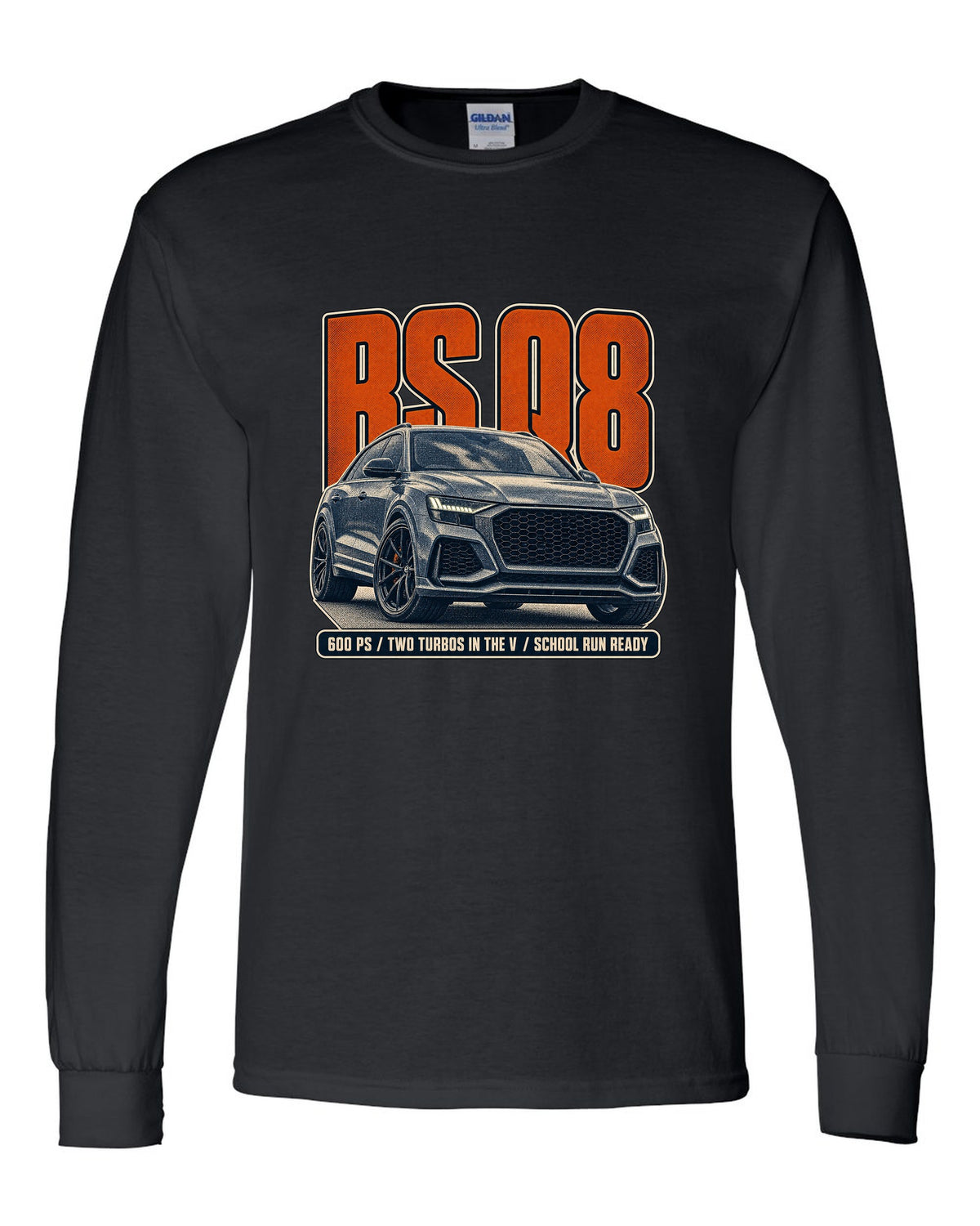 Audi RS Q8 halftone statement print with 600 PS text black long sleeve front view with the design