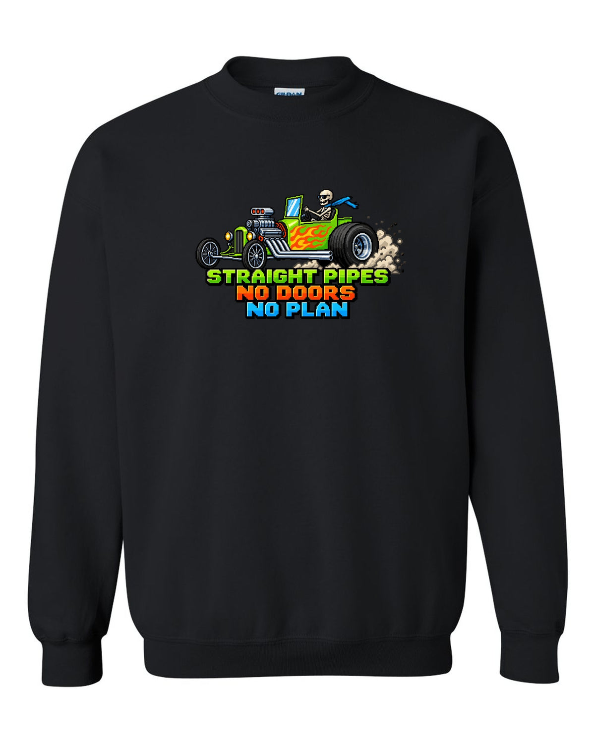 8/16-bit pixel art print of a Ford T-bucket hot rod with Straight Pipes No Doors lettering black crewneck front view with the design
