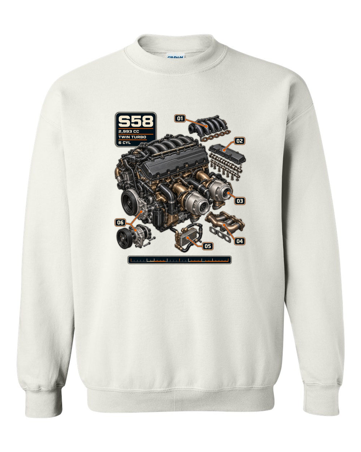BMW S58 twin-turbo inline-six engine print with 2,993 cc text white crewneck front view with the design