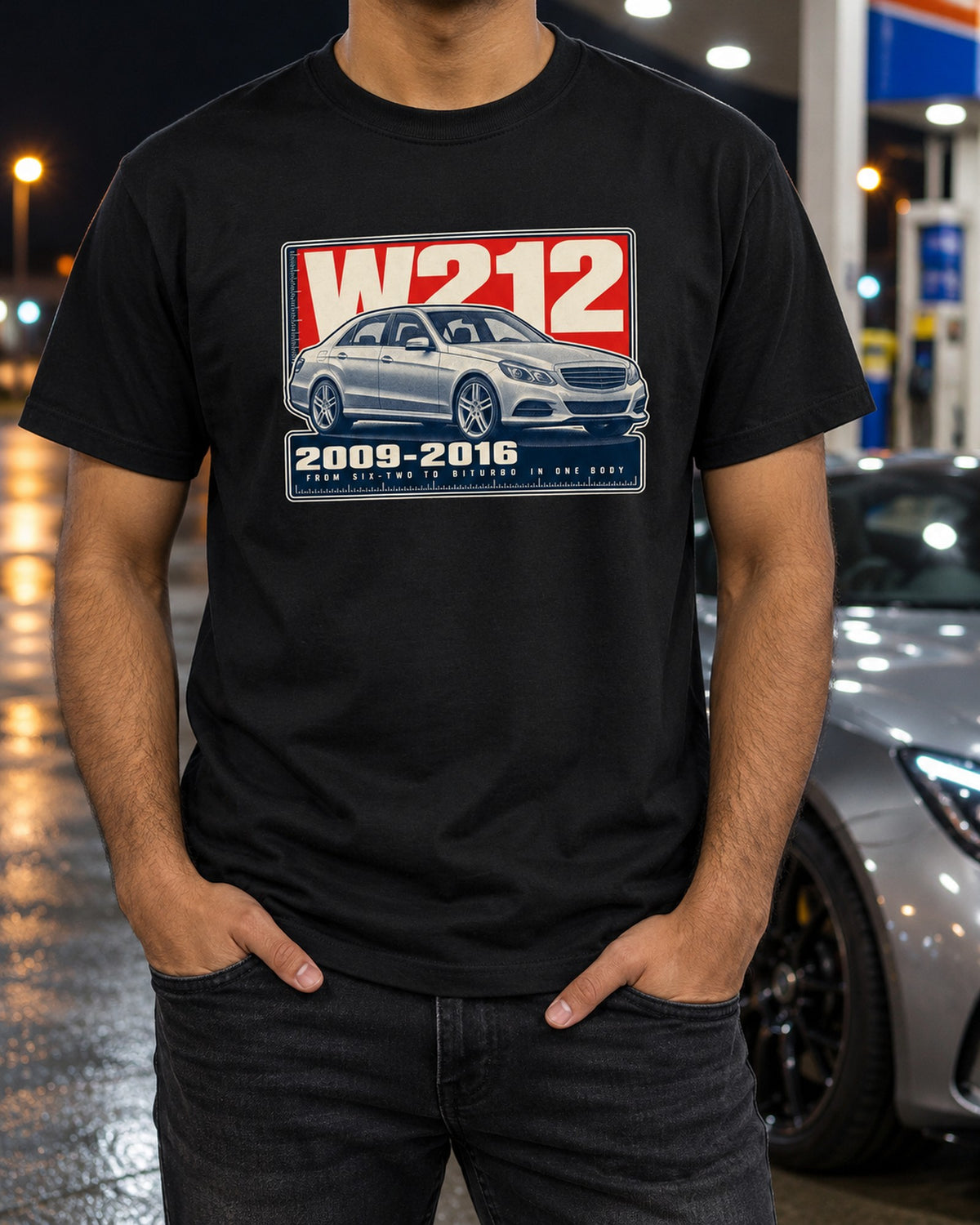 W212 Mercedes-AMG E63 Halftone Shirt, 2009-2016 Six-Two to Biturbo T-Shirt Black worn hero