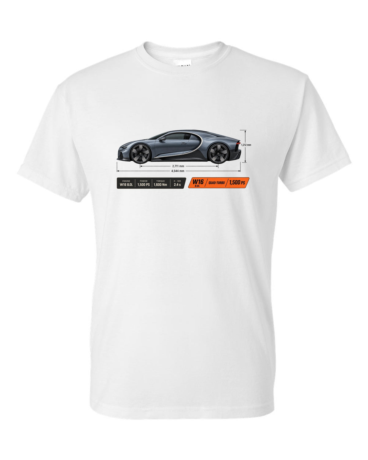 Bugatti Chiron W16 Dimension Blueprint white t-shirt front view with the design
