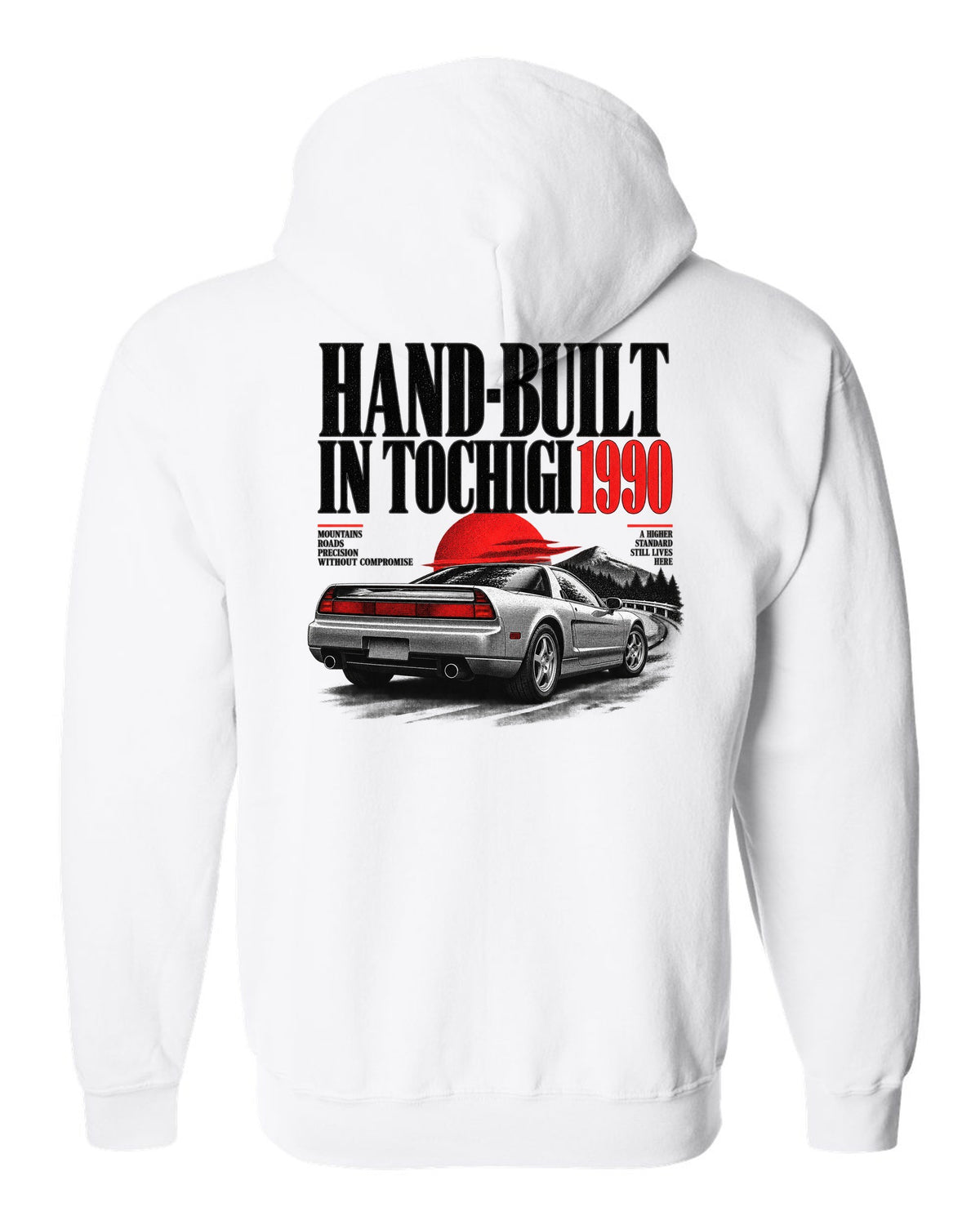 Honda NSX NA1 editorial headline design with hand-built in Tochigi 1990 text white zip hoodie back view with the design