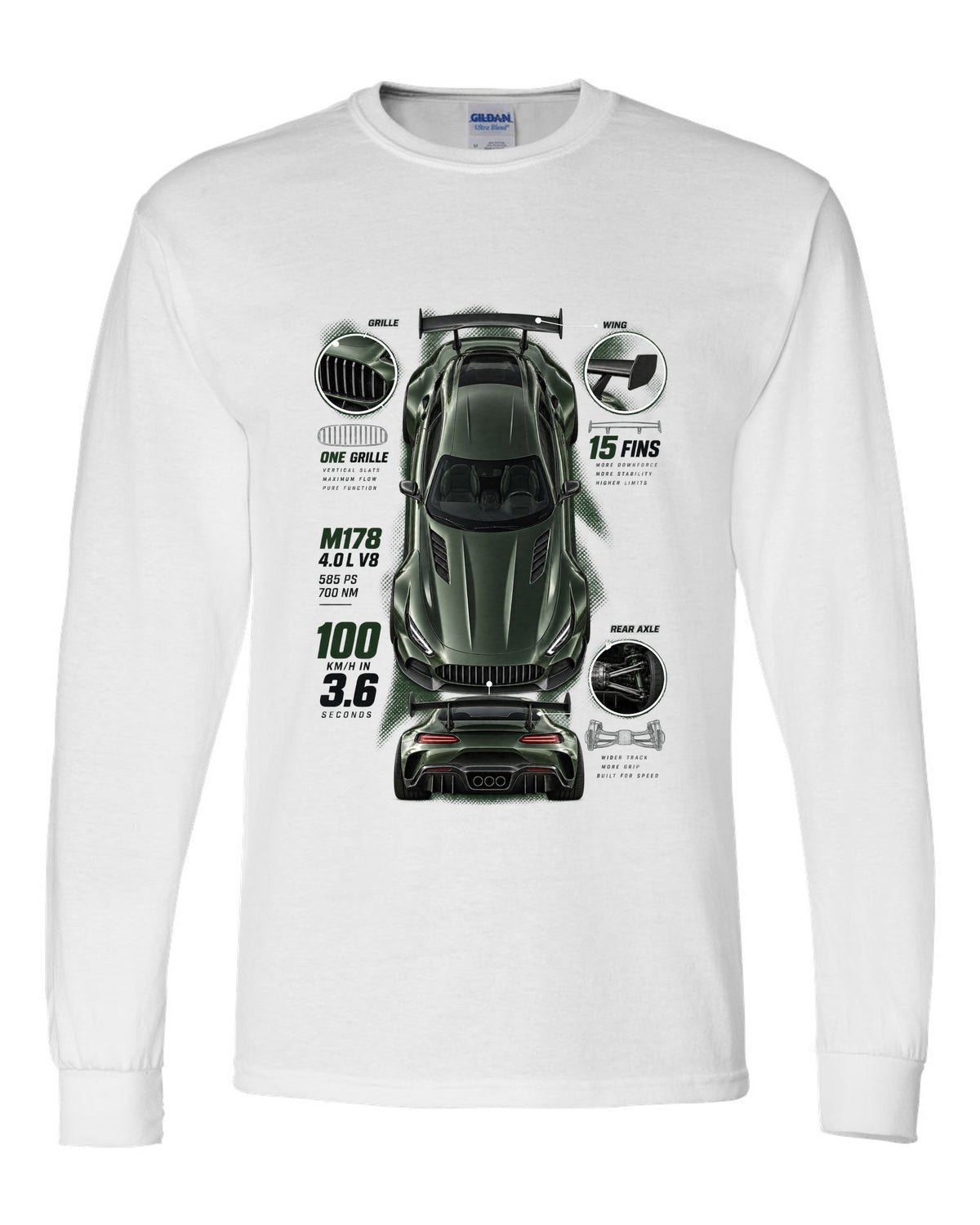 Spec poster print of a Mercedes-AMG GT R C190 with 100 km/h in 3.6 and 15 fins lettering white long sleeve front view with the design