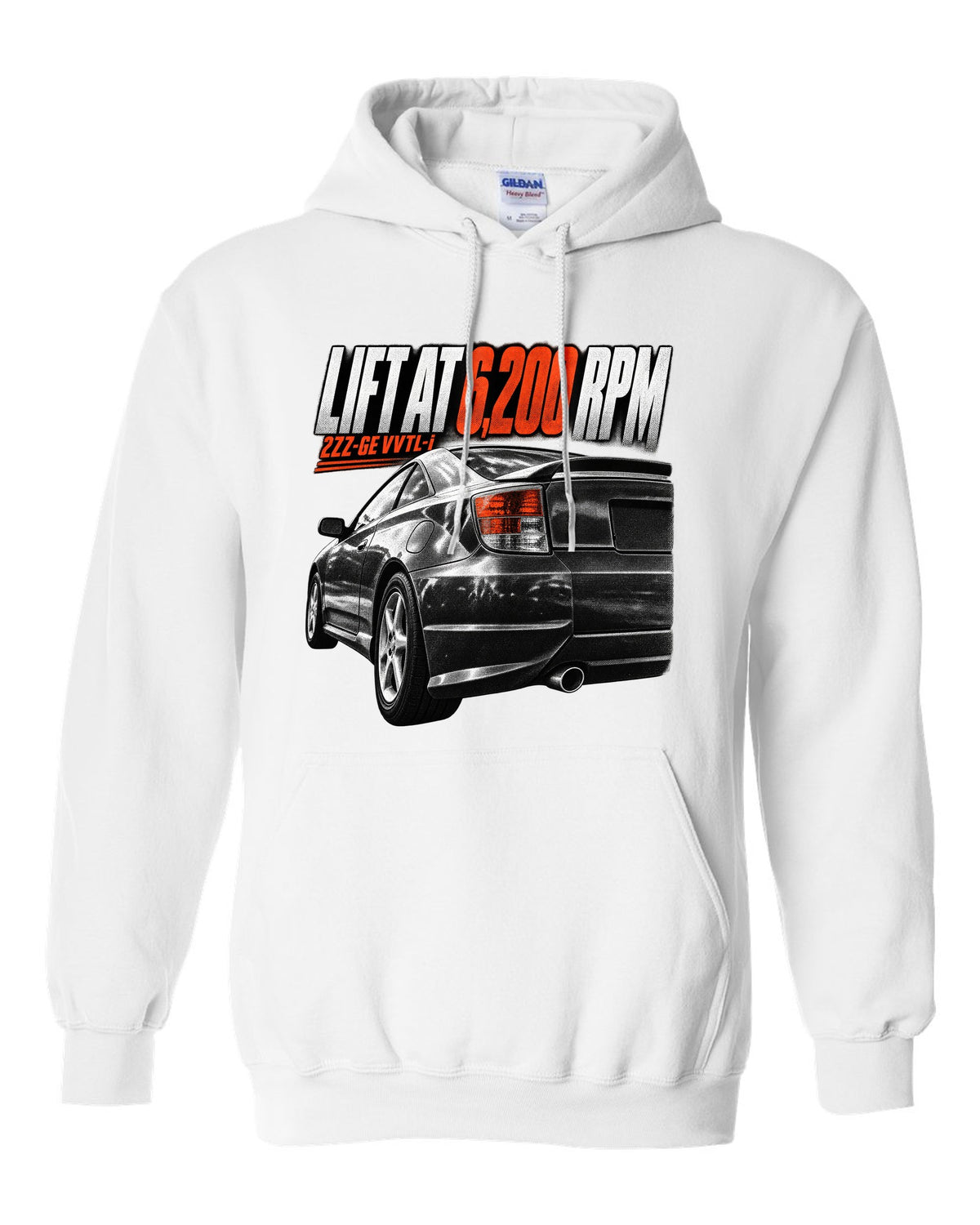 Taillight macro print of a Toyota Celica T230 ZZT231 with Lift At 6,200 RPM and 2ZZ-GE VVTL-i text white pull over hoodie front view with the design