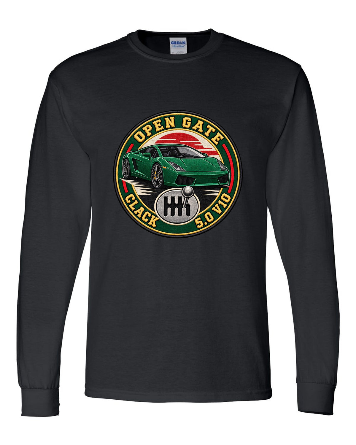 Embroidery-style crest of a Lamborghini Gallardo open-gate six-speed manual with V10 text black long sleeve front view with the design