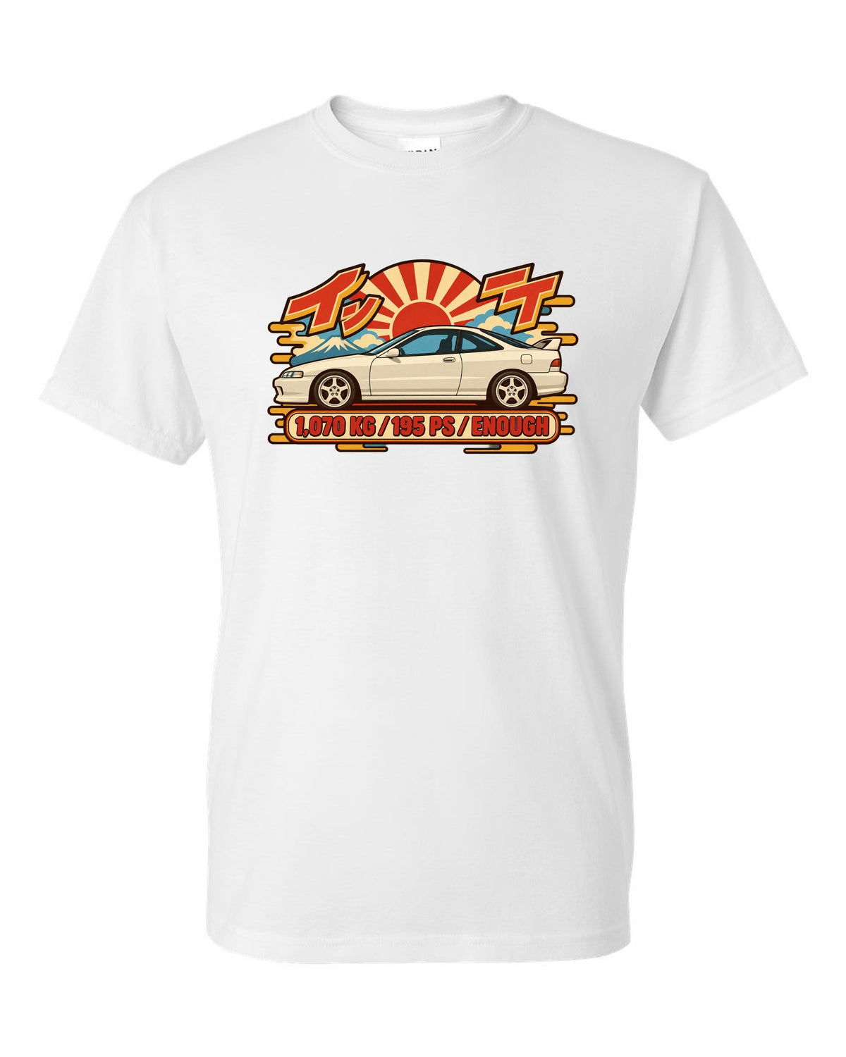 Showa catalogue ad style print of a 1995 Honda Integra DC2 coupe with 1,070 KG and 195 PS text white t-shirt front view with the design