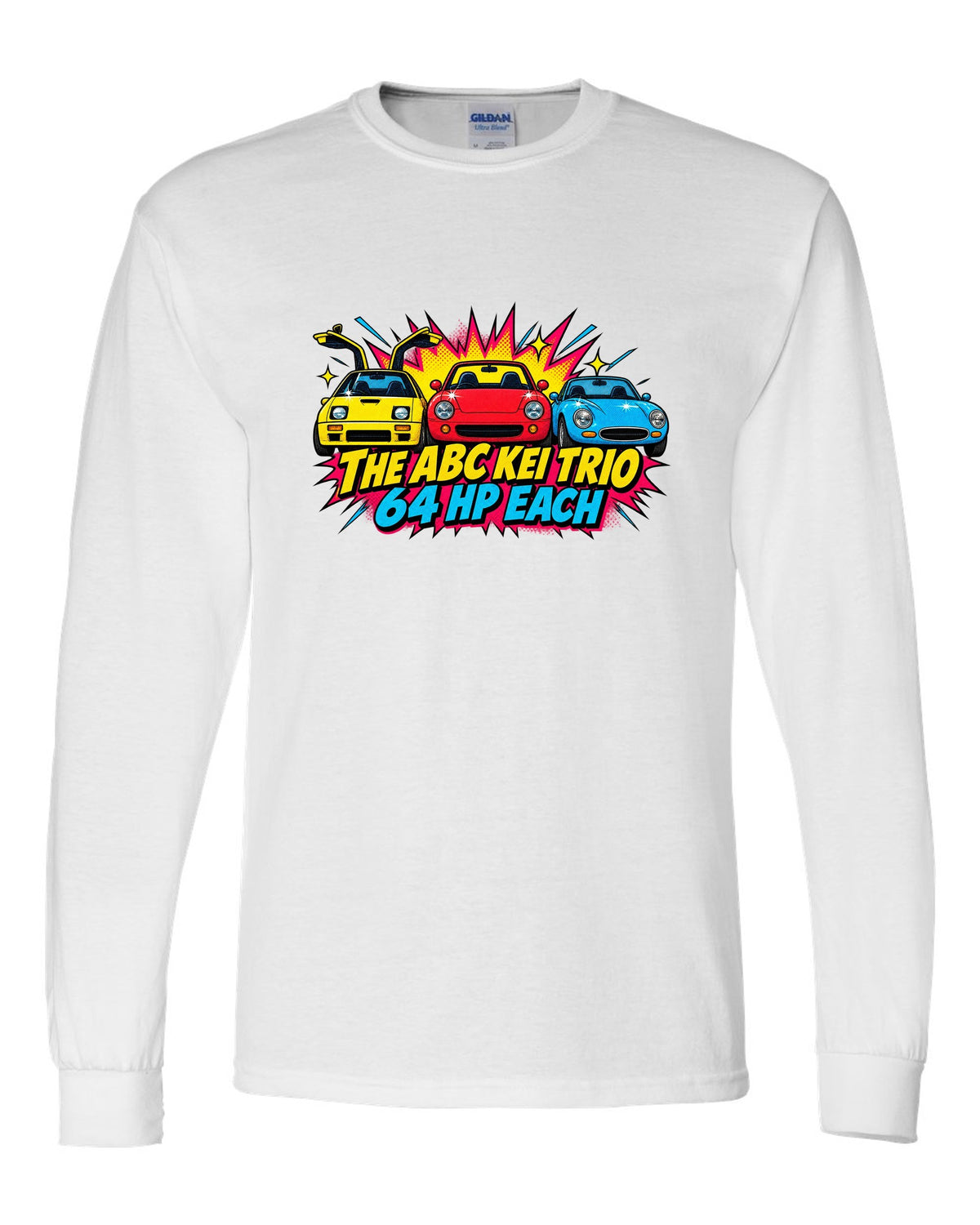 Comic halftone pop-art of the Autozam AZ-1, Honda Beat and Suzuki Cappuccino with 64 hp each white long sleeve front view with the design