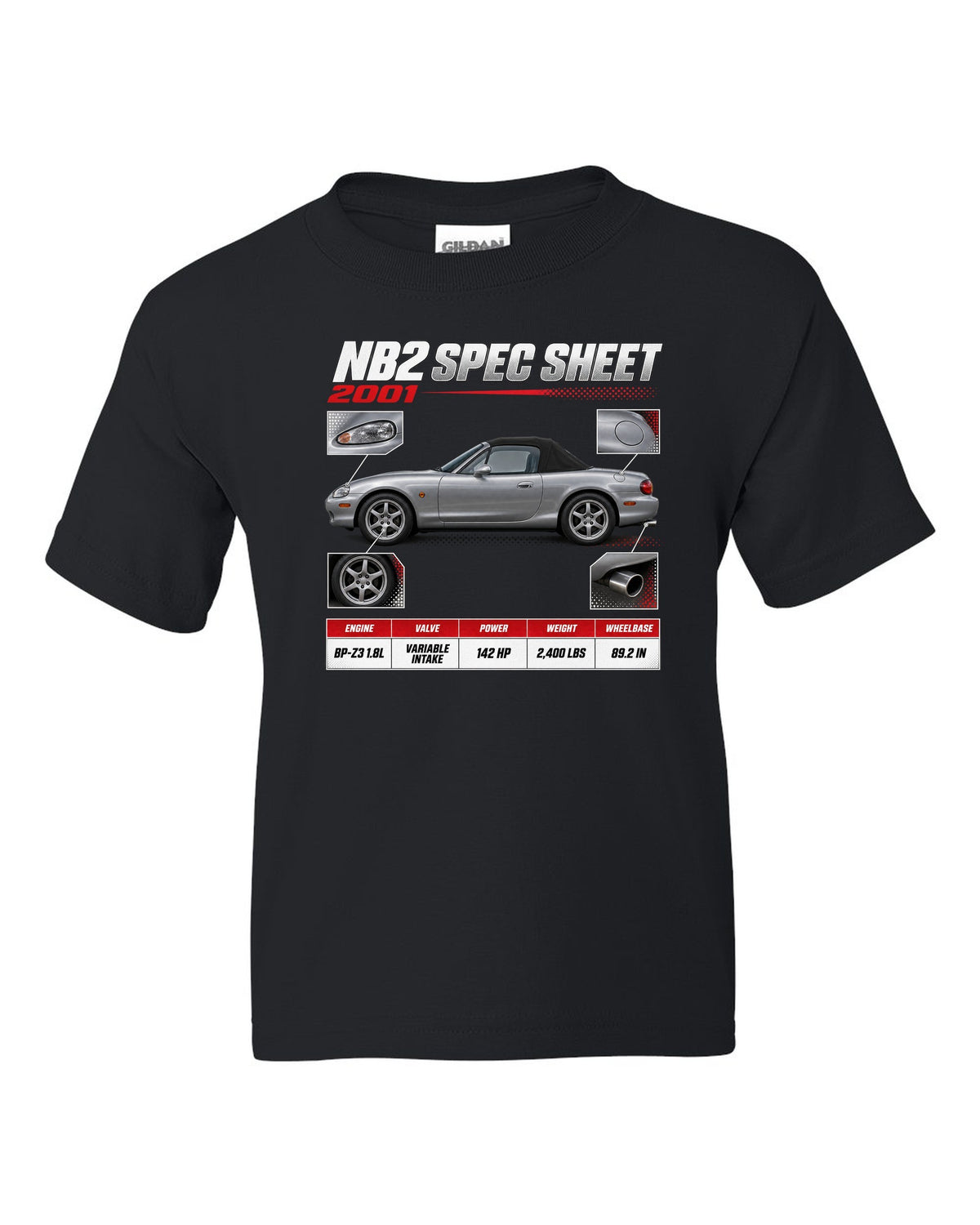 Spec poster print for the 2001 Mazda MX-5 NB2 reading NB2 spec sheet, 2001, variable intake black kids tee front view with the design