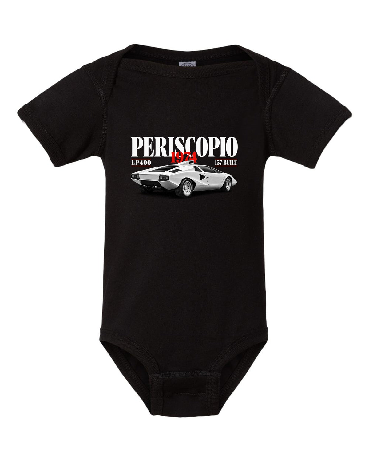 Editorial print of a Lamborghini Countach LP400 with periscopio and 157 built text black baby onesie front view with the design