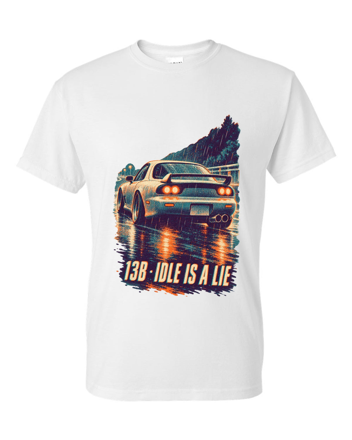 Three-colour risograph print for the Mazda RX-7 FD3S with 13B idle is a lie lettering white t-shirt front view with the design