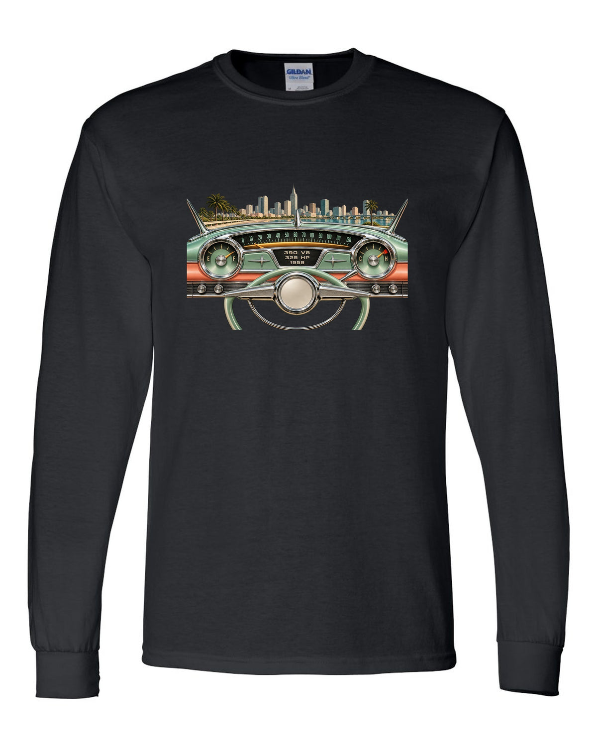 1959 Cadillac Series 62 dashboard instrument cluster HUD graphic with 390 V8 text black long sleeve front view with the design