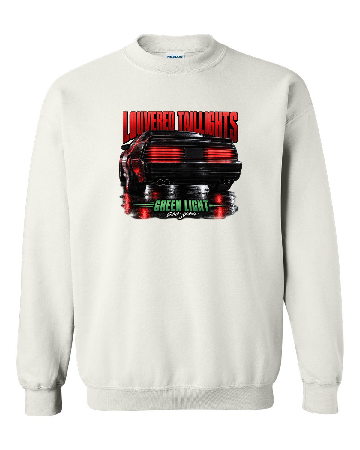 Macro print of a louvered Fox Body Mustang GT taillight, 1987-93 white crewneck front view with the design