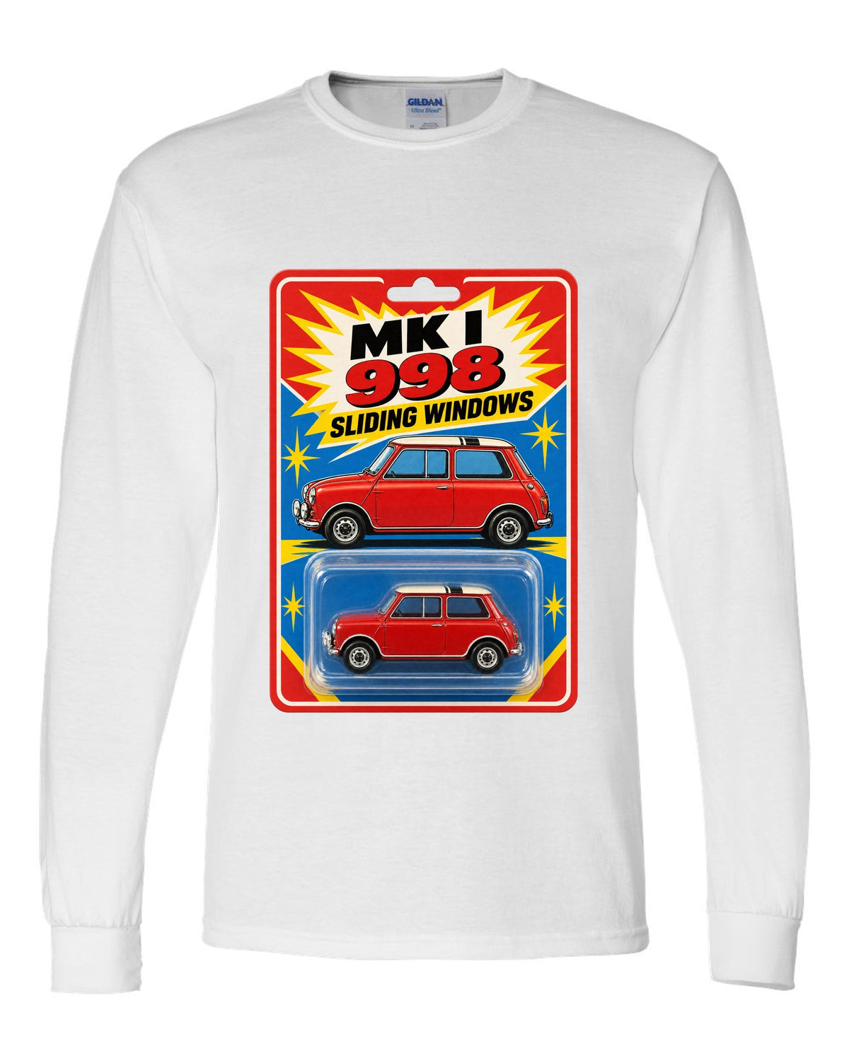 1967 Mini Cooper Mk I on a toy blister card with 998 and sliding windows text white long sleeve front view with the design