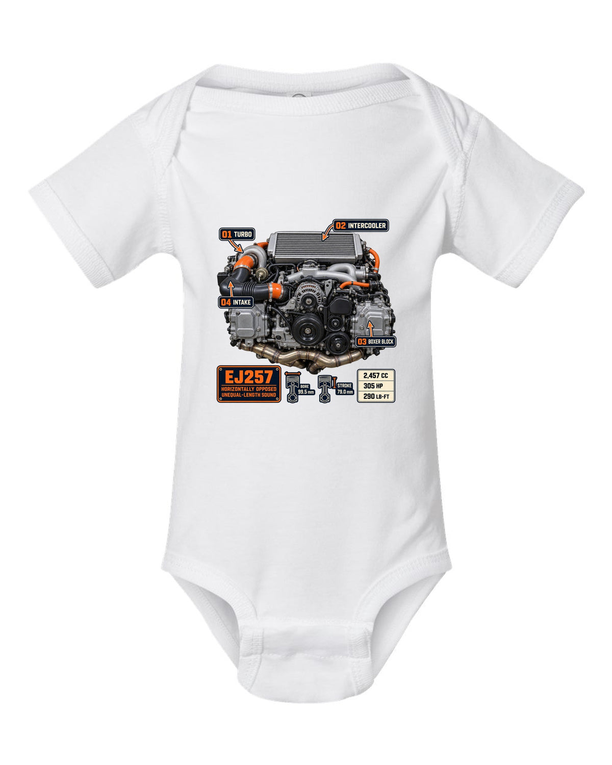 Poster-style print of a Subaru EJ257 boxer engine from the WRX STI VA with technical callouts white baby onesie front view with the design