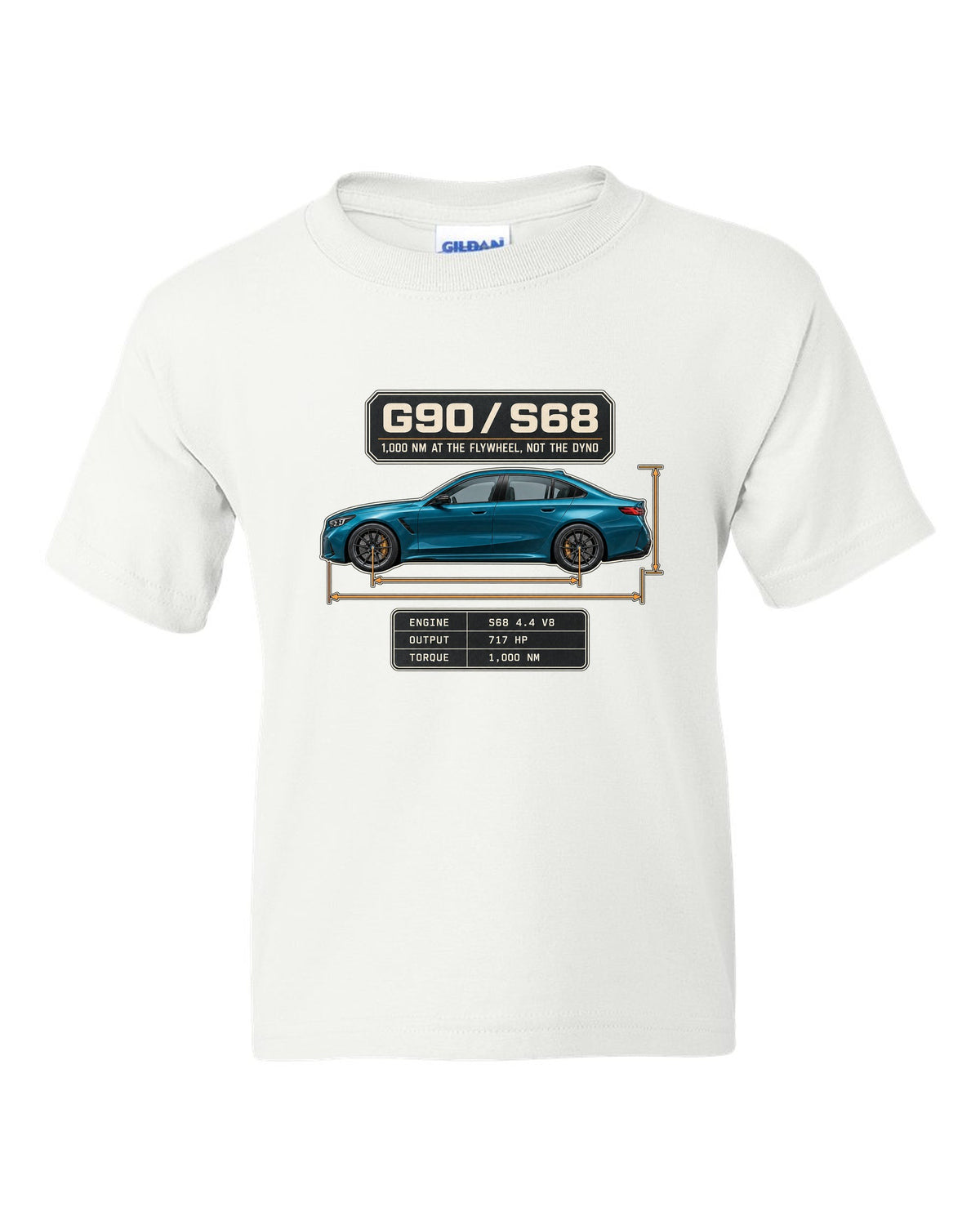 BMW M5 G90 sedan dimension blueprint profile print on a tee white kids tee front view with the design