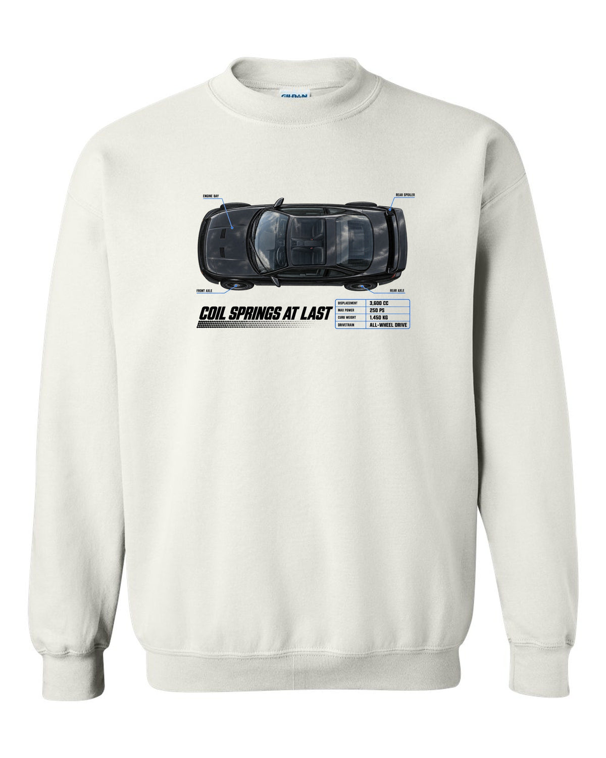 Top-down spec poster print of a Porsche 911 Carrera 4 (964) with the headline Coil Springs At Last white crewneck front view with the design