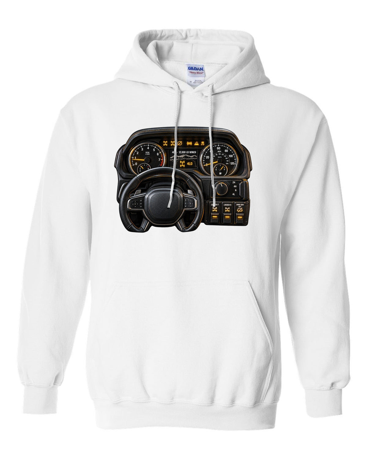 Cockpit gauge print of a Ram 2500 Power Wagon showing locker and sway bar readouts white pull over hoodie front view with the design