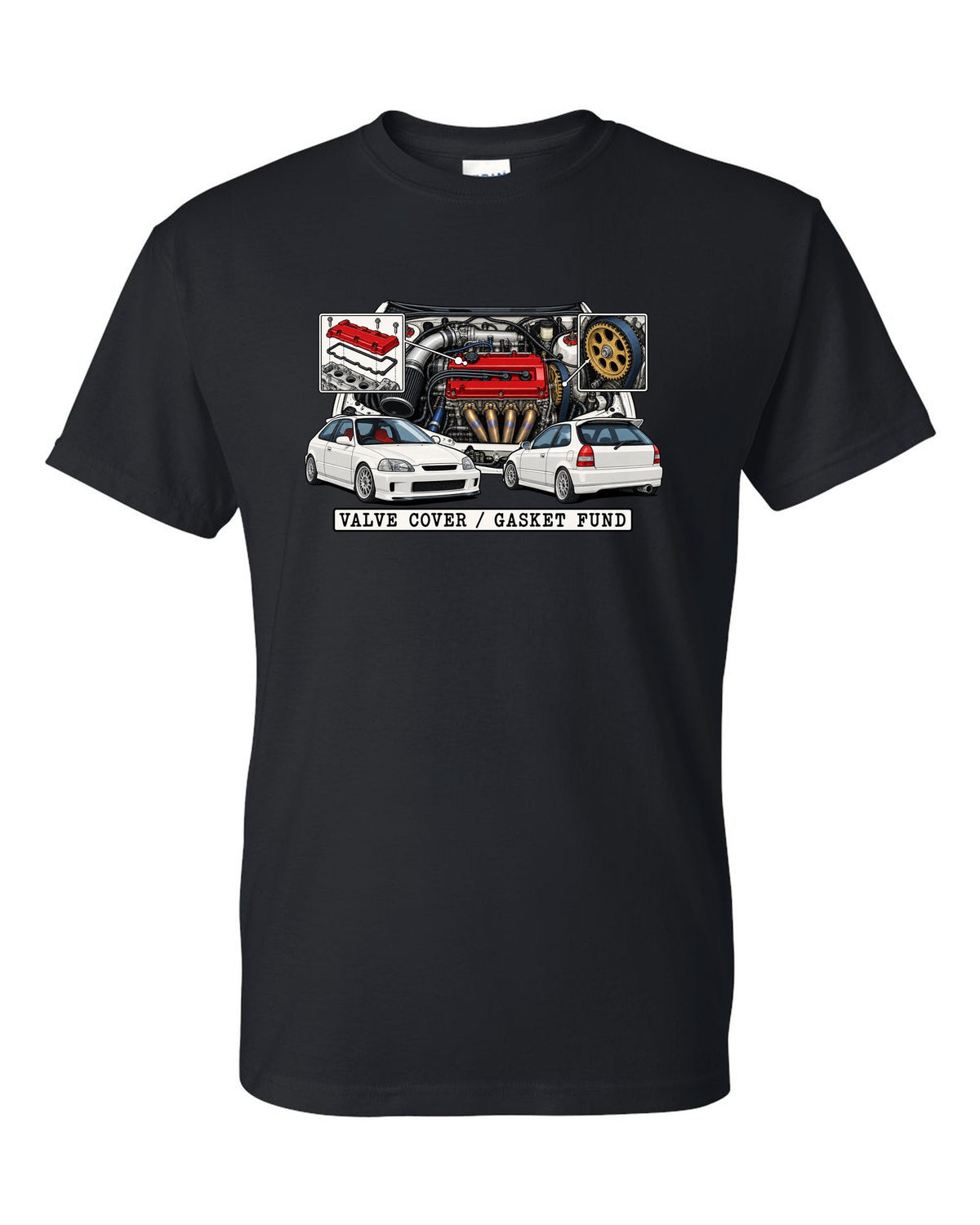Technical patent drawing print of a 1997 Honda Civic EK9 with Valve Cover Gasket Fund lettering black t-shirt front view with the design