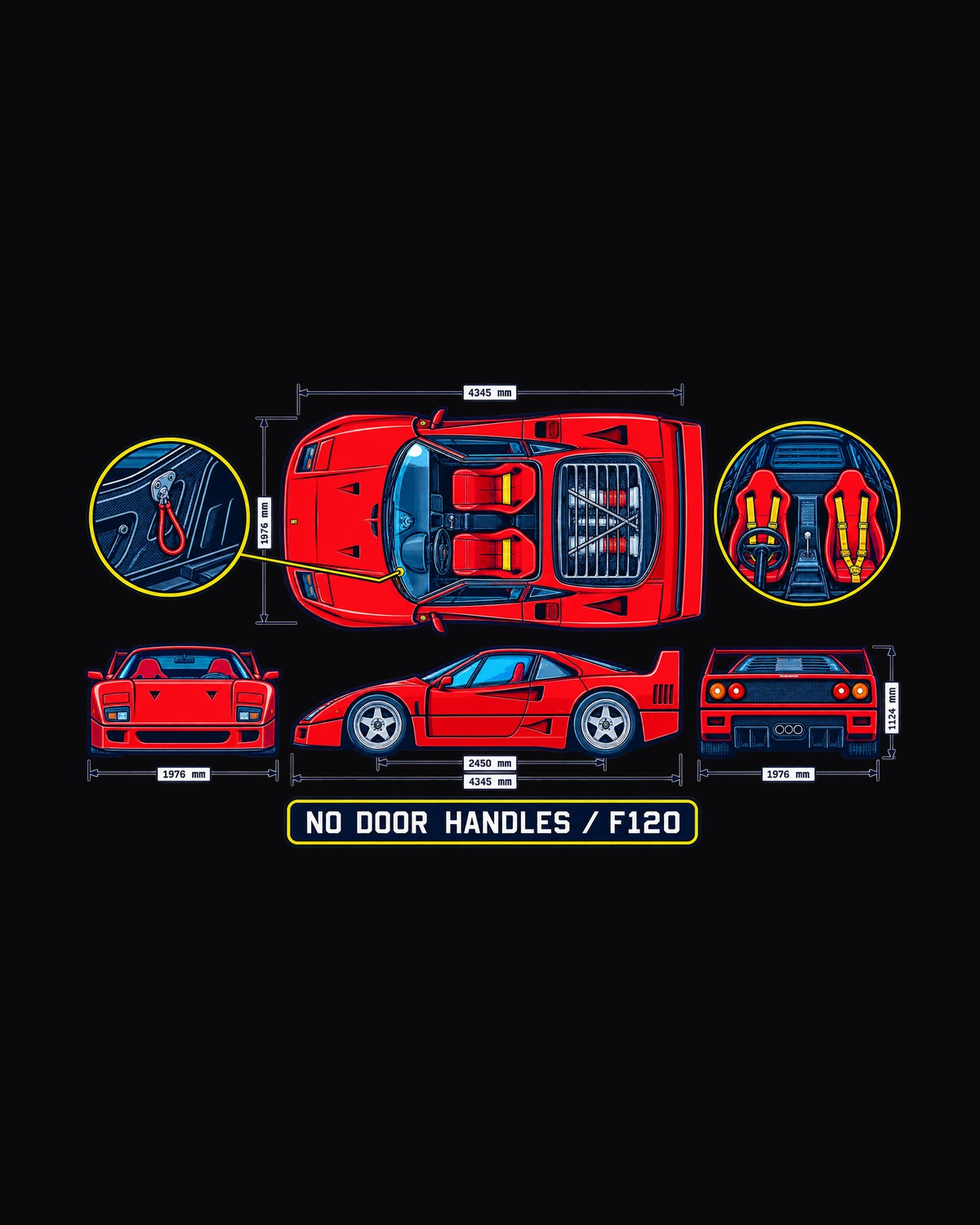 Ferrari F40 Cabin Blueprint Tee, No Door Handles Car Shirt design only