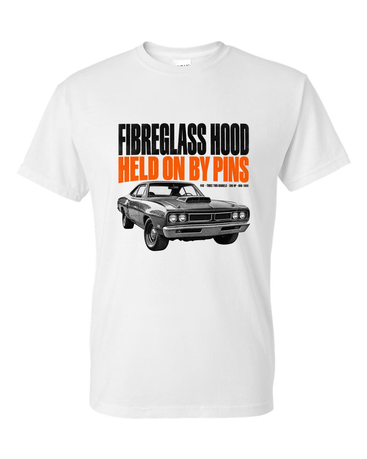 1969 Dodge Coronet Super Bee A12 hood halftone print with fibreglass hood and pins lettering white t-shirt front view with the design