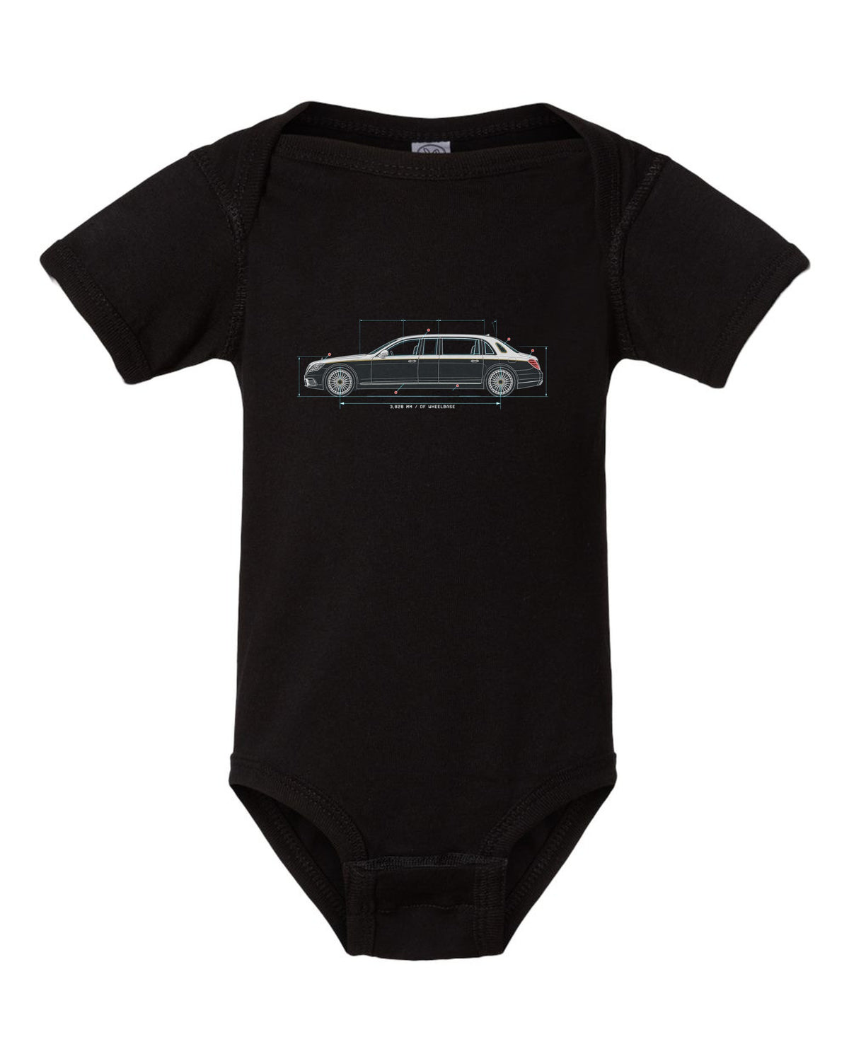 Maybach 62 S W240 Limousine Side Blueprint Tee black baby onesie front view with the design