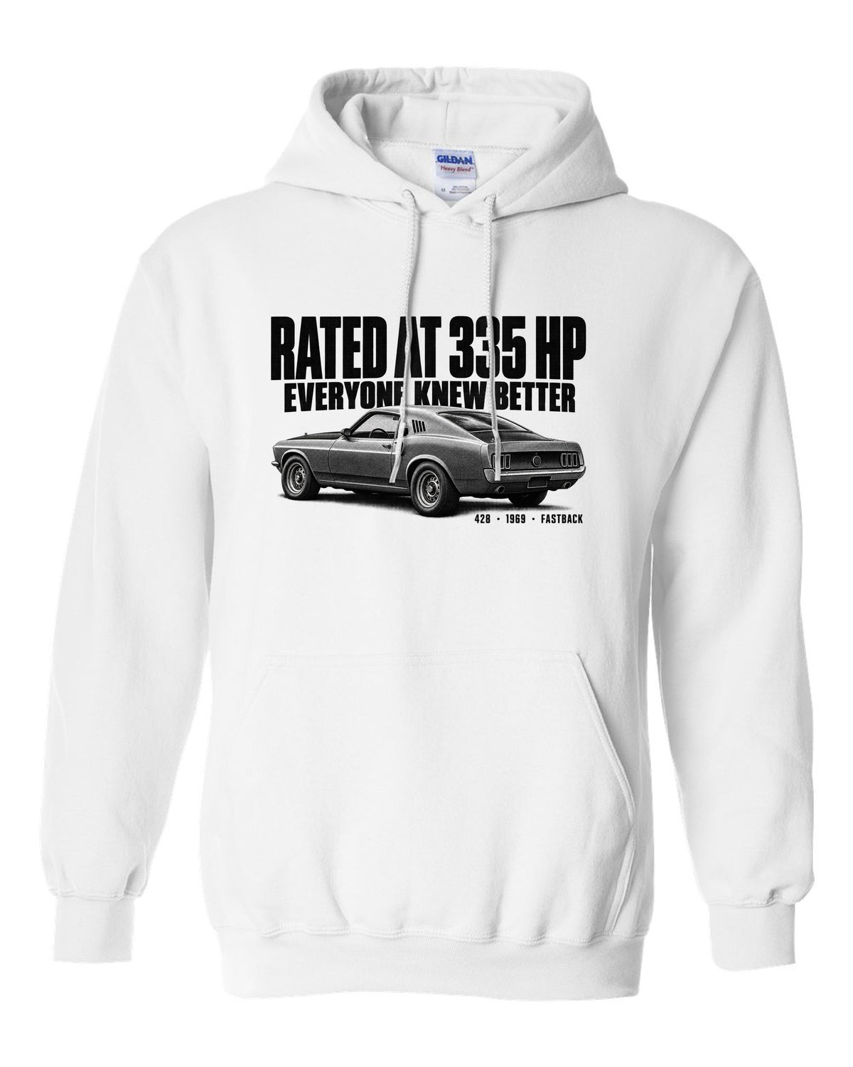 Halftone illustration of a 1969 Ford Mustang fastback with rated at 335 HP lettering white pull over hoodie front view with the design