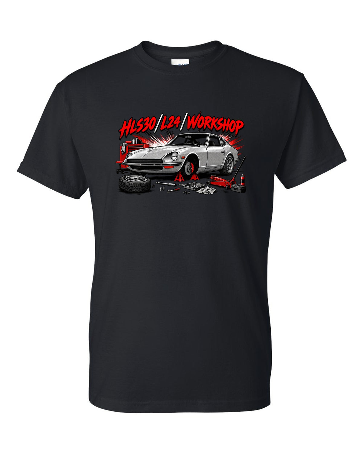 Retro manga halftone panel print of the Datsun 240Z HLS30 with L24 workshop lettering black t-shirt front view with the design