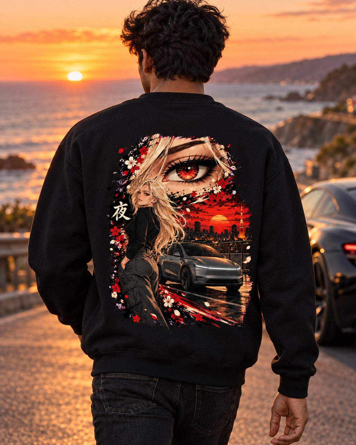 Tesla Model Y Juniper Anime Girl Shirt, Hoodie & More Crewneck Black worn hero