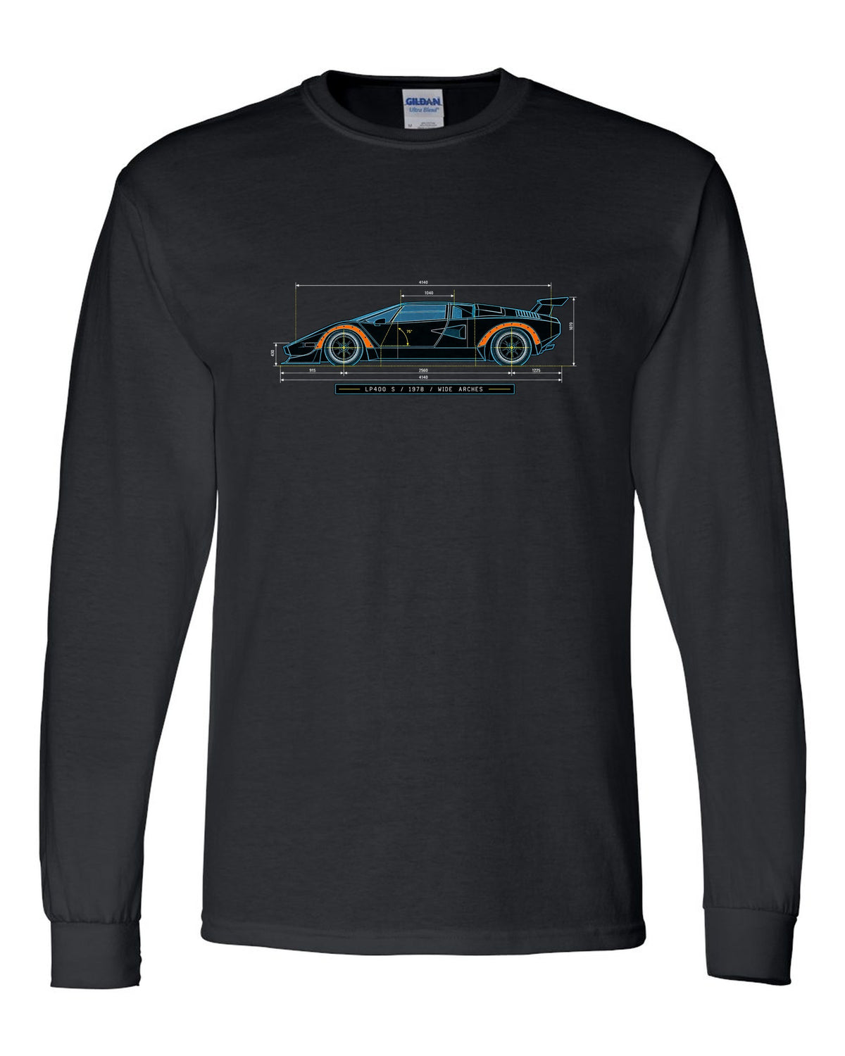 Blueprint patent line art of a Lamborghini Countach LP400 S 1978 with wide arches text black long sleeve front view with the design