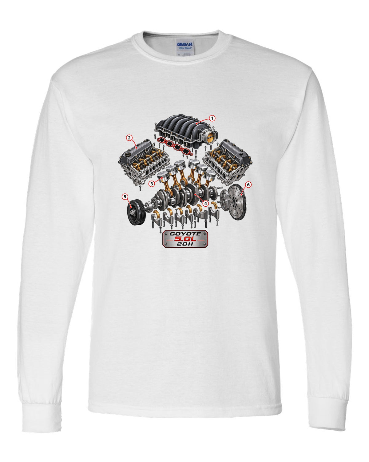 Isometric exploded cutaway of a Ford Coyote 5.0L engine for the S197 Mustang white long sleeve front view with the design
