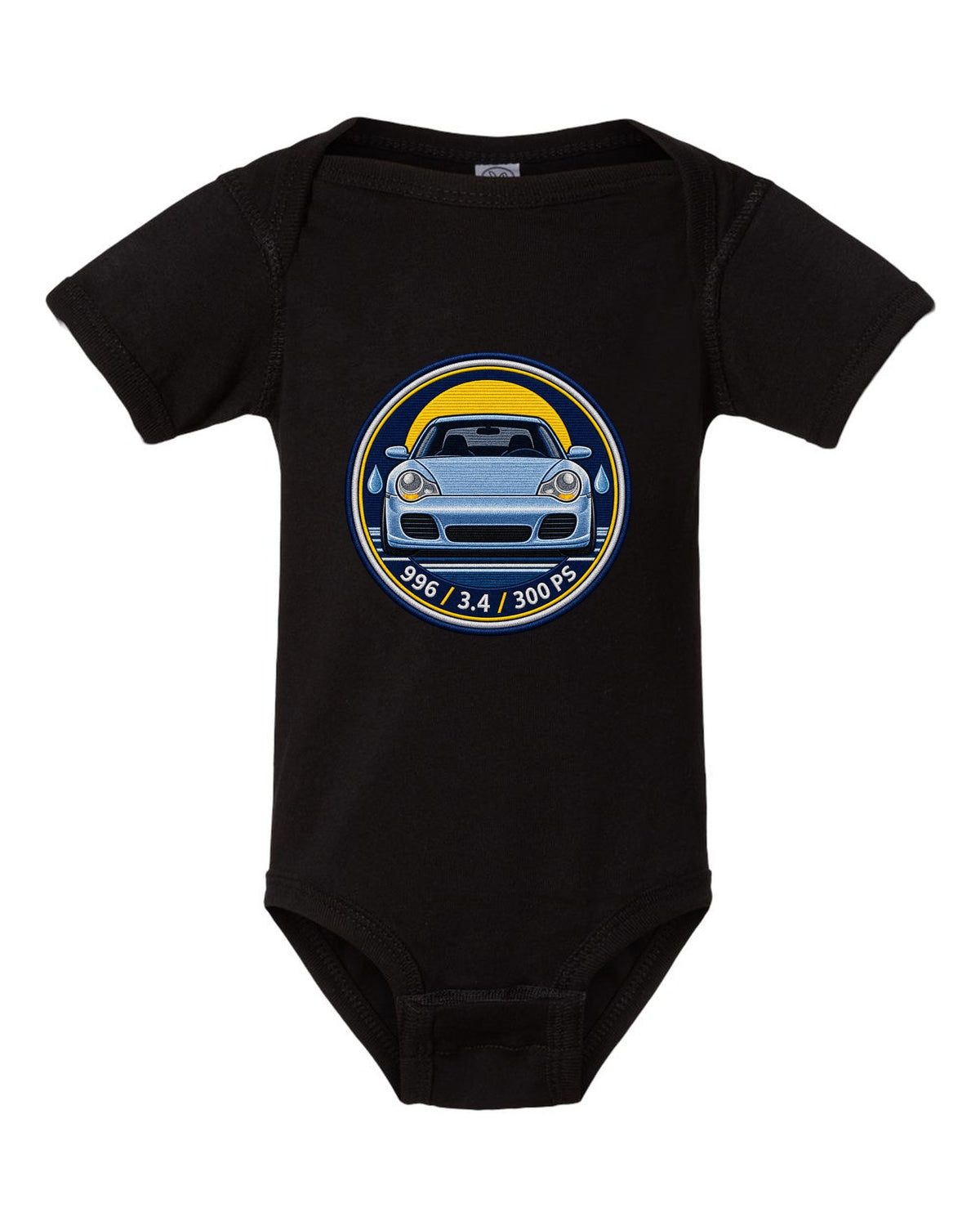 Round crest print of a 2004 Porsche 911 Carrera 997 with the text 997, 3.6 and 325 PS black baby onesie front view with the design