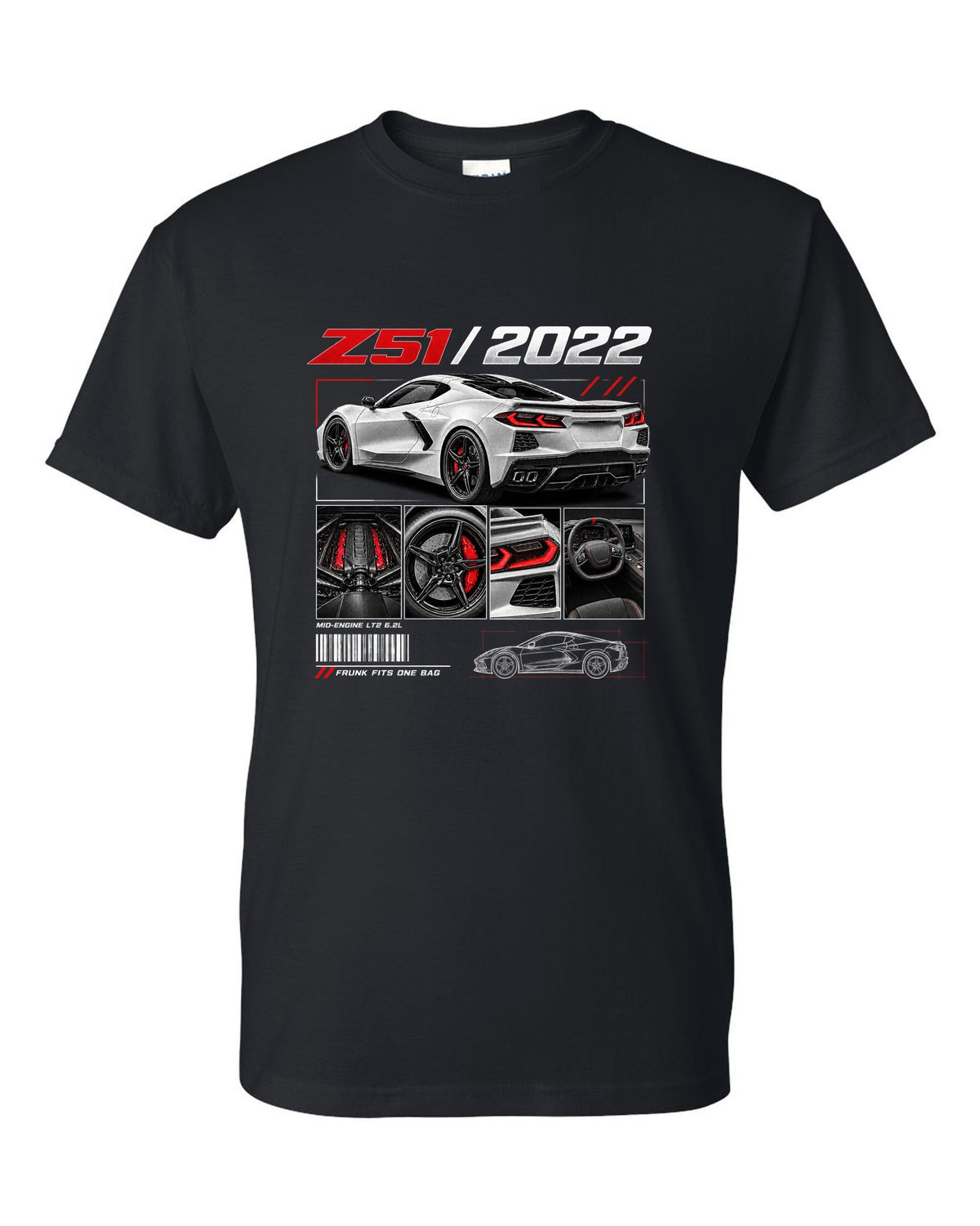 Corvette C8 Stingray Z51 2022 in dossier panels black t-shirt front view with the design
