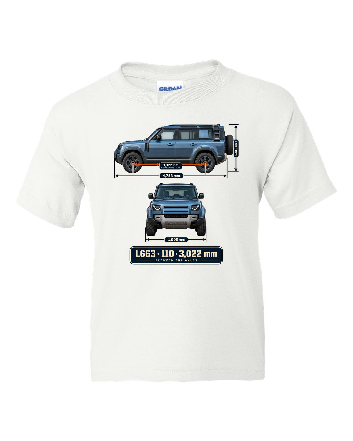 Dimension blueprint print of the Land Rover Defender 110 L663 with wheelbase white kids tee front view with the design