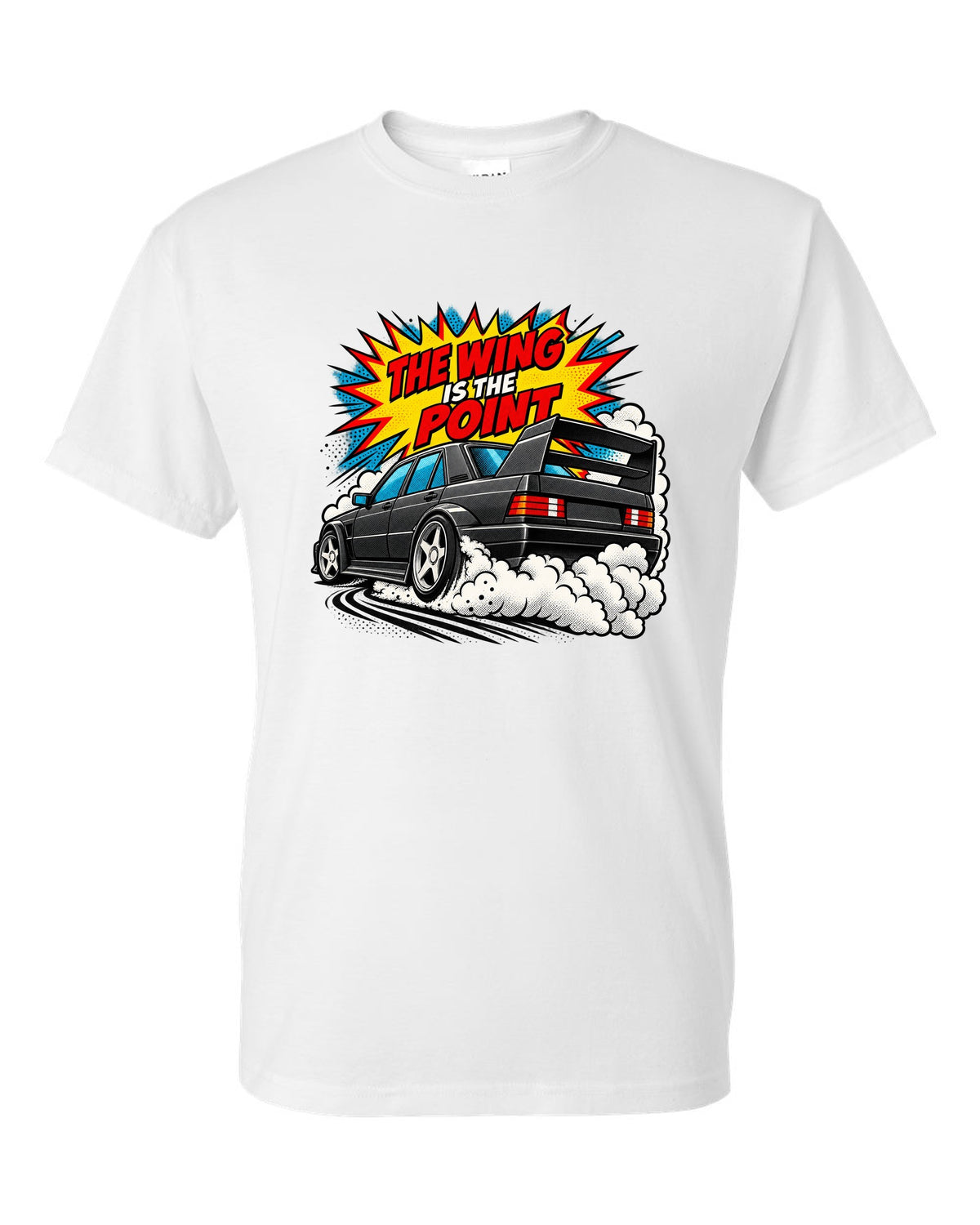 Comic halftone pop-art print of a Mercedes 190E Evo II W201 with rear wing white t-shirt front view with the design