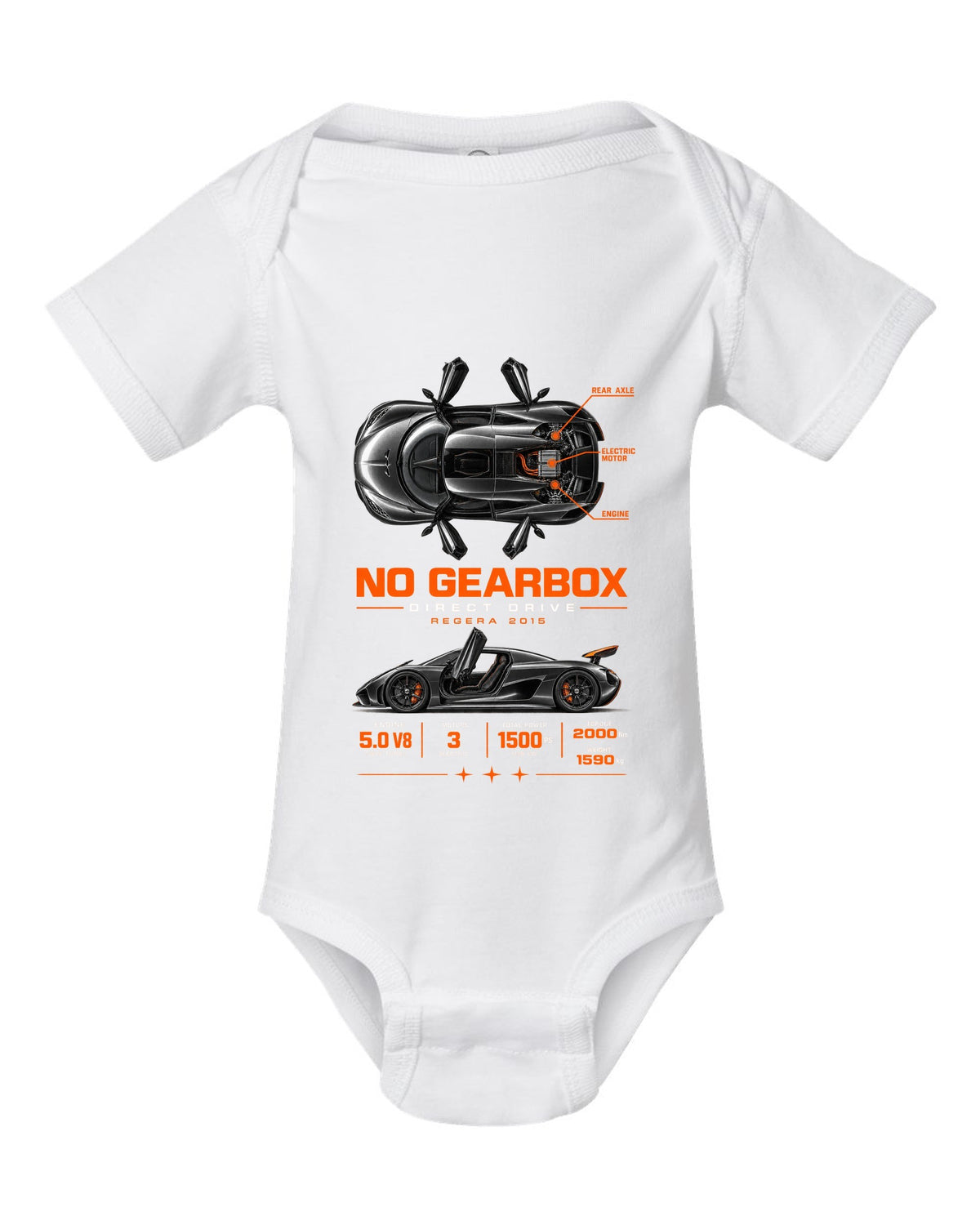 Koenigsegg Regera 2015 direct drive spec poster white baby onesie front view with the design