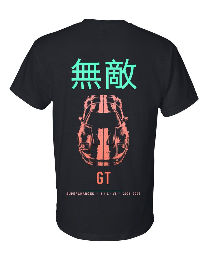 GT full-back artwork black t-shirt back view with the design