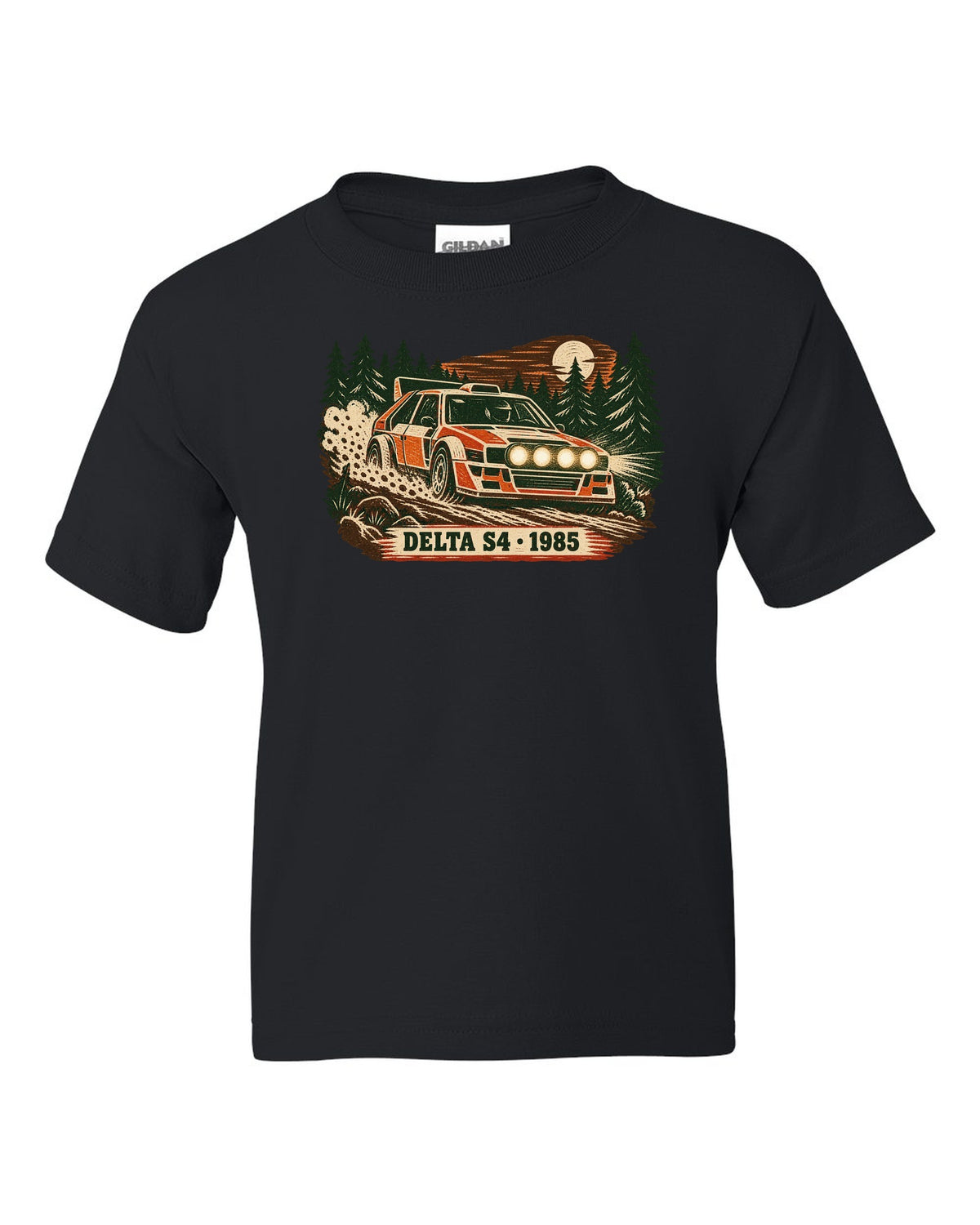 Multi-block linocut print of a 1985 Lancia Delta S4 on a forest rally stage black kids tee front view with the design
