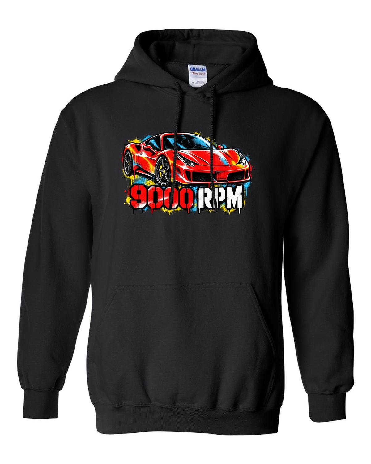 Stencil spray street art of the Ferrari 458 Italia with 9000 RPM text black pull over hoodie front view with the design