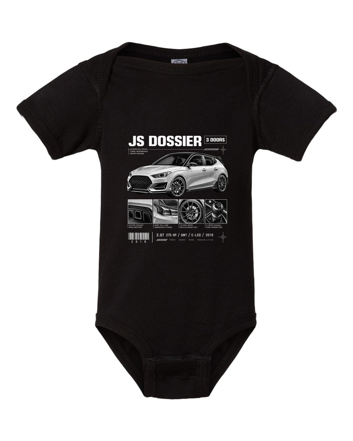 Hyundai Veloster N JS dossier panels with three doors and drivetrain specs black baby onesie front view with the design