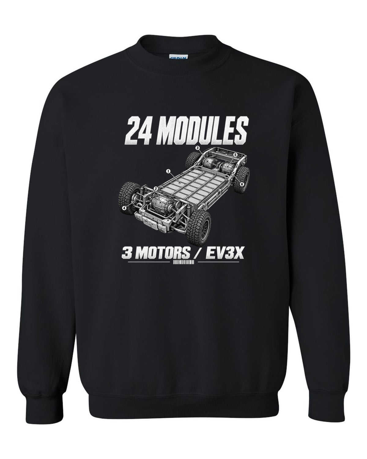 Cutaway of the GMC Hummer EV pickup battery pack and motors with labels black crewneck front view with the design