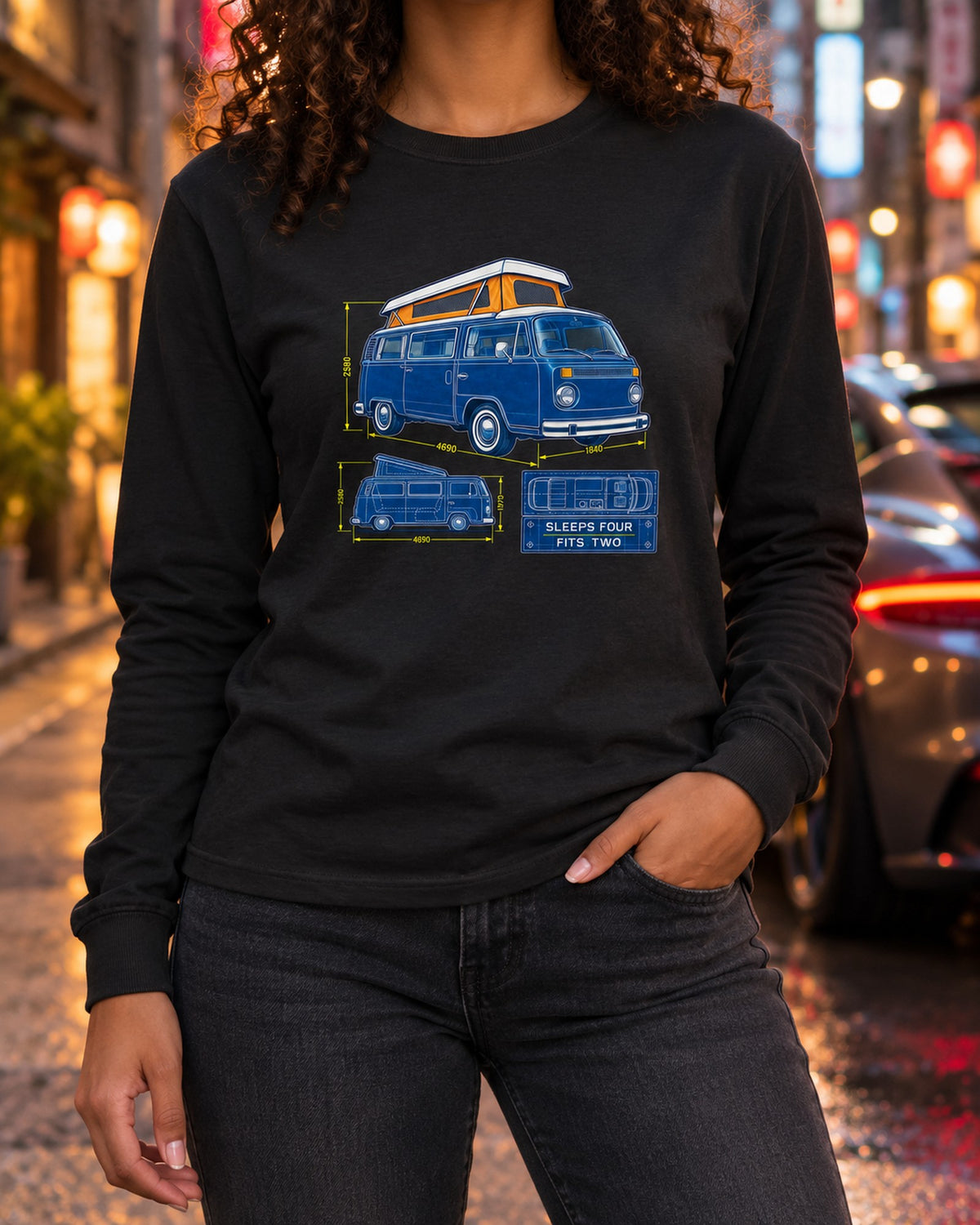 Bay Window T2 Camper Cyanotype Blueprint Shirt, Sleeps Four Long Sleeve Black worn hero