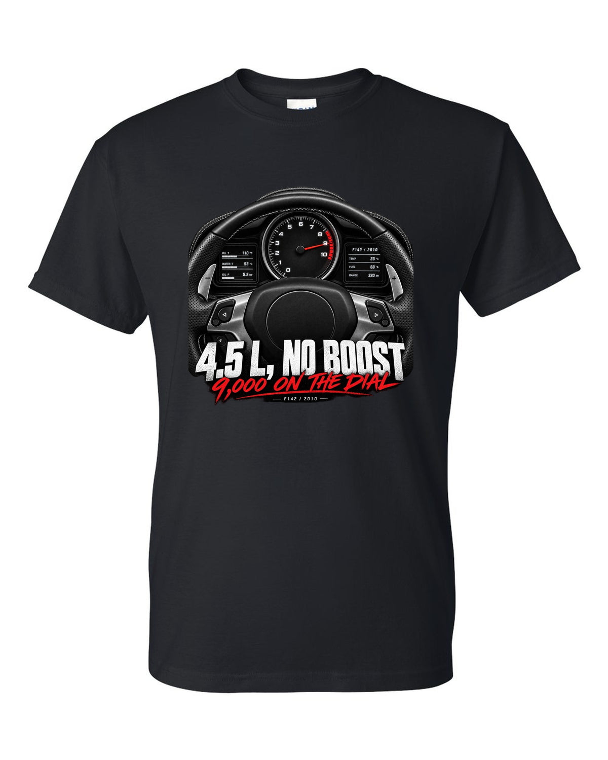 Cockpit gauge print of a Ferrari 458 Italia instrument cluster with 9,000 on the dial black t-shirt front view with the design