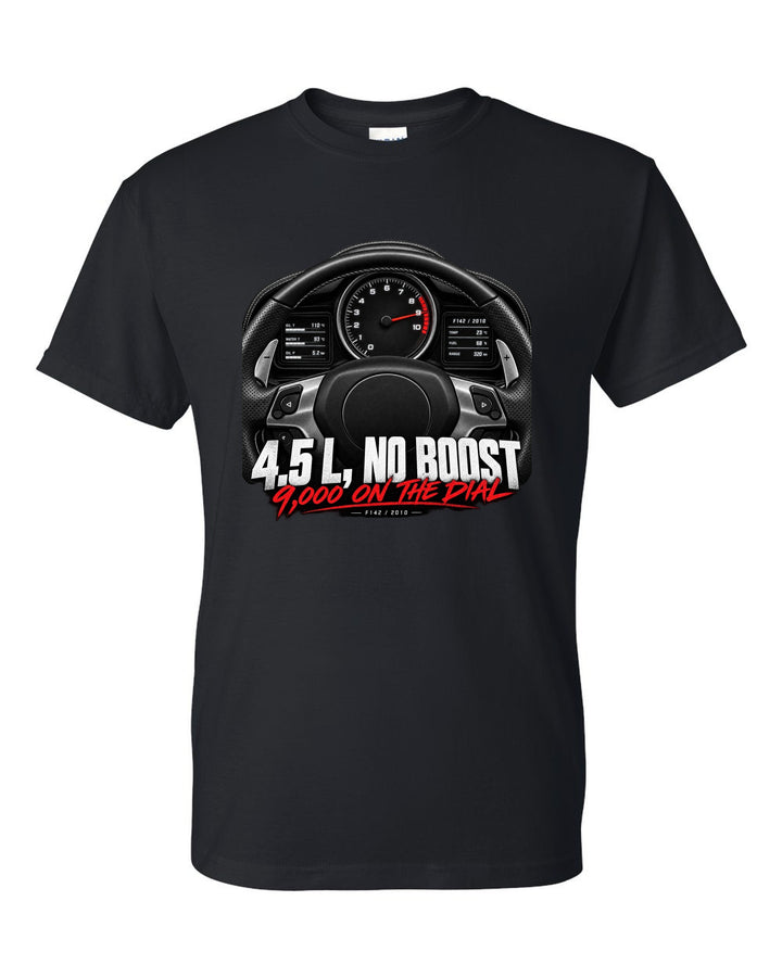 Cockpit gauge print of a Ferrari 458 Italia instrument cluster with 9,000 on the dial black t-shirt front view with the design