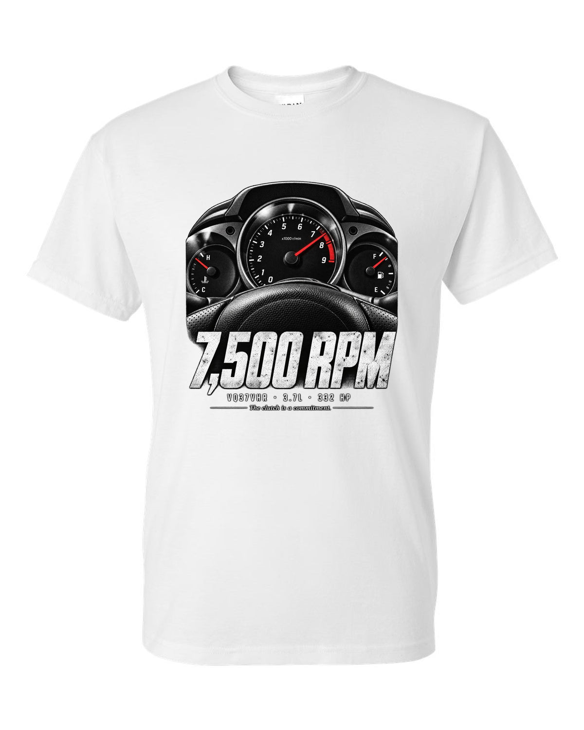 print of a Nissan 370Z Z34 gauge cluster at 7,500 RPM with VQ37VHR text white t-shirt front view with the design