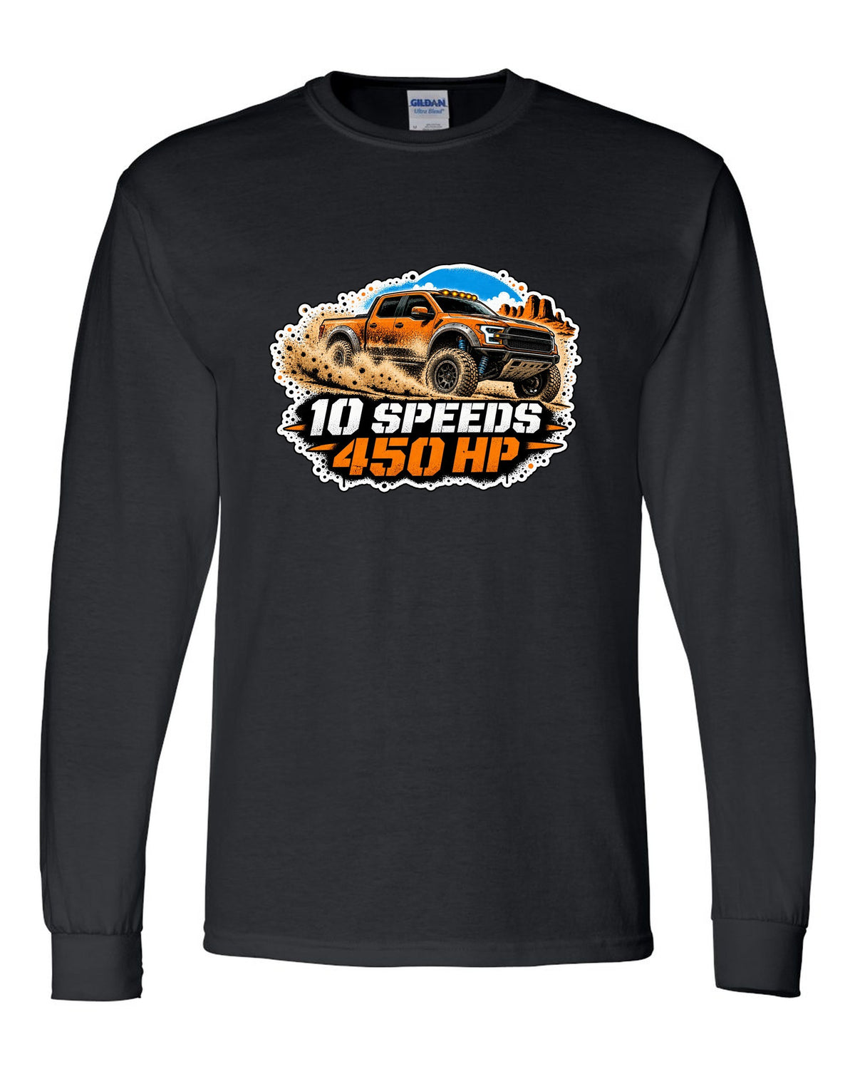 Spray stencil street art print of a 2017-20 Ford F-150 Raptor Gen 2 P552 in desert dust black long sleeve front view with the design