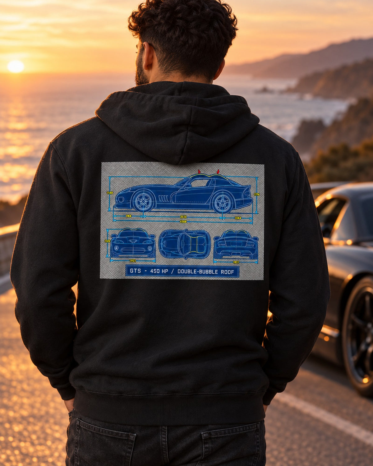 1996 Dodge Viper GTS SR II Cyanotype Blueprint Shirt Zip Hoodie Black worn hero